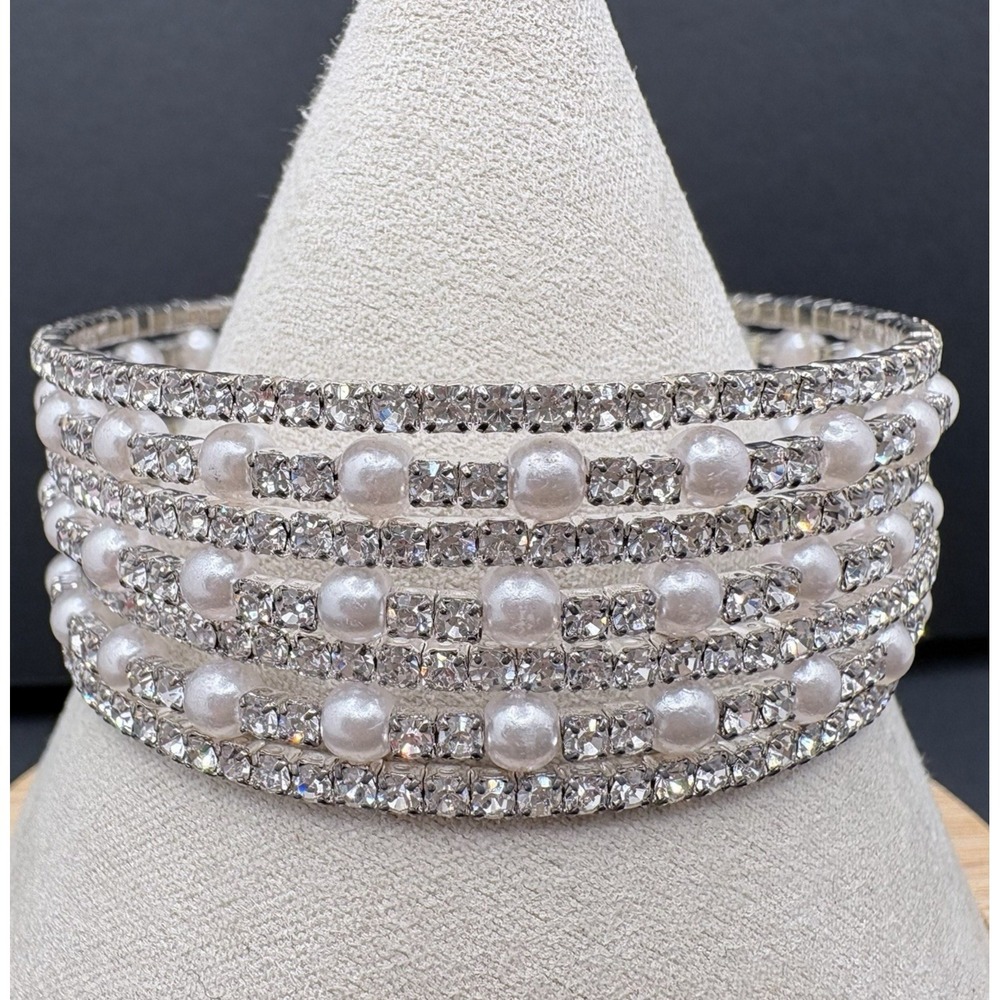 Vintage Multi Row Faux Pearls & Made with‎ Swarovski Crystals Bracelet Cuff